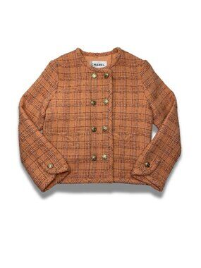 CHANEL Orange Wool Tweed Double Breasted Jacket Spring 2024 Size 36